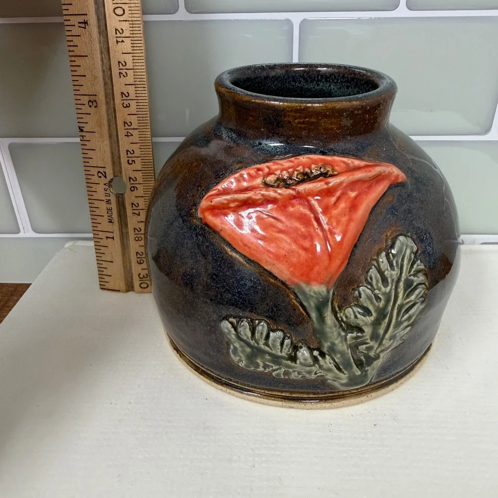 Signed‎ EMS Studio Pottery Poppy Weed Pot Vase Teal Brown Handcrafted 1.25lbs